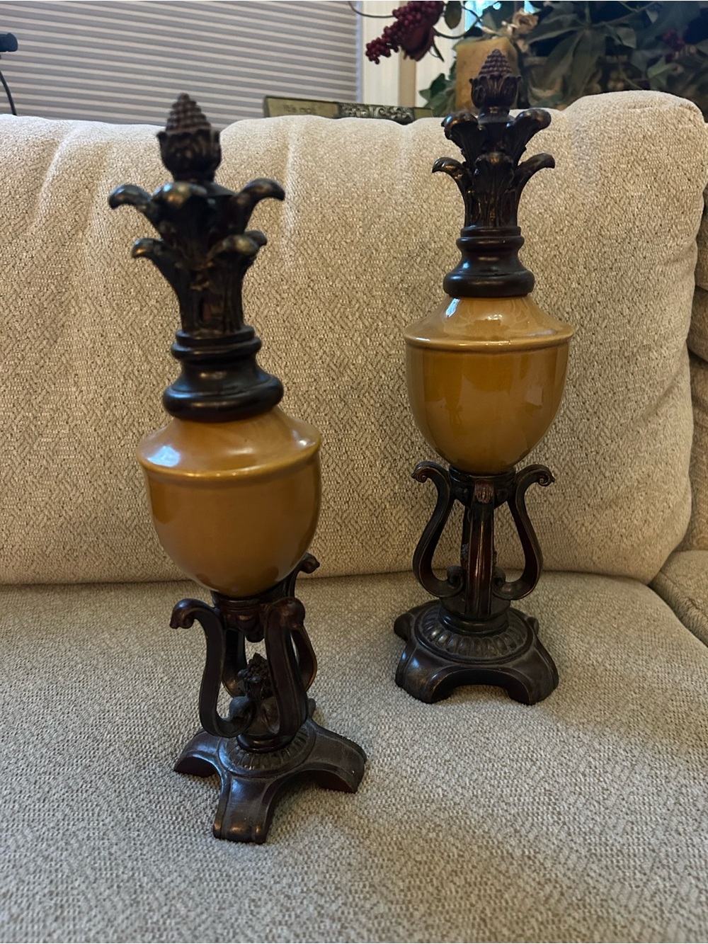 Decorative Ceramic and Metal Urn Pair - Mustard Yellow Decor Fall Boho